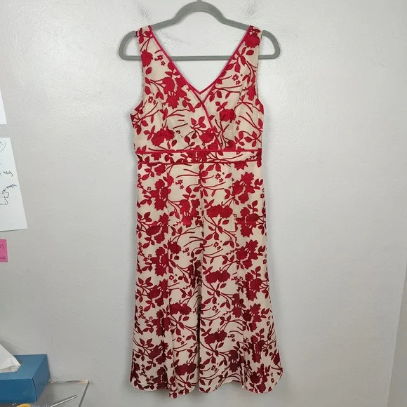 Jacques Vert Dress Womens 8 Red Cream Devore Floral Midi Dress Sleeveless V-Neck - Picture 2 of 9
